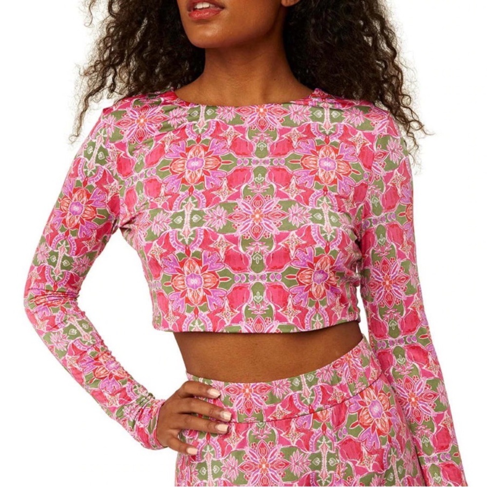 Misa Los Angeles Geometric Acia Anacapri floral Pink and Green Crop Top